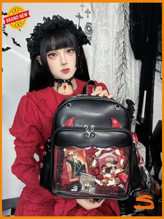 Gothic Pin Display Backpack with Clear Vinyl Window, Faux Leather, Adjustable main image 6